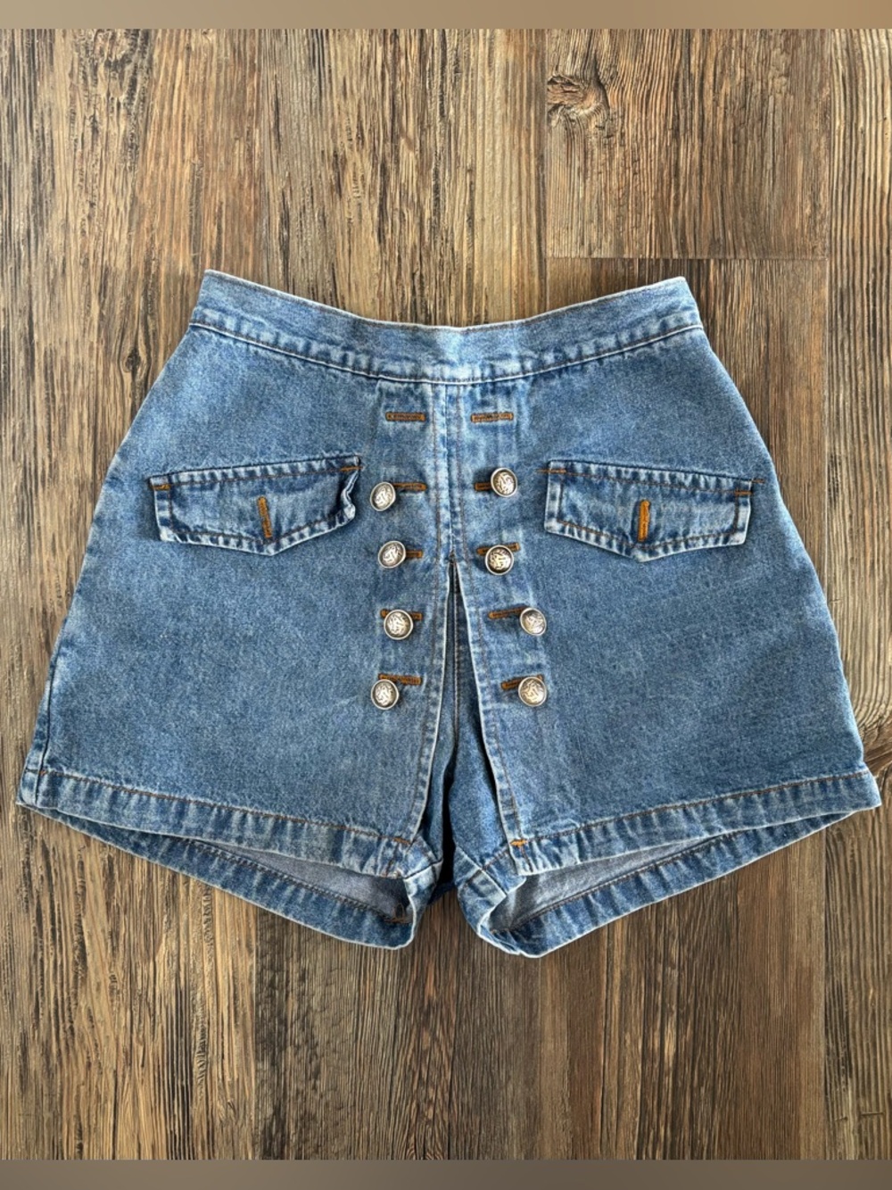 *Flaws Vtg 90s Squeeze Jeans Blue Denim Skort Womens Jrs 9/10 High Waist Buttons